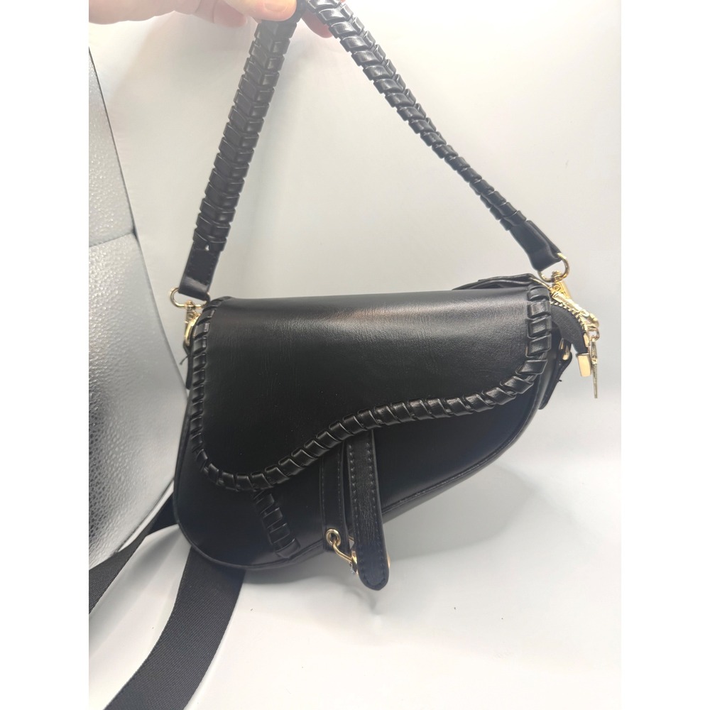 Unbranded Saddle Bag Women Small Black Excellent Whipstitch Crossbody Handbag
